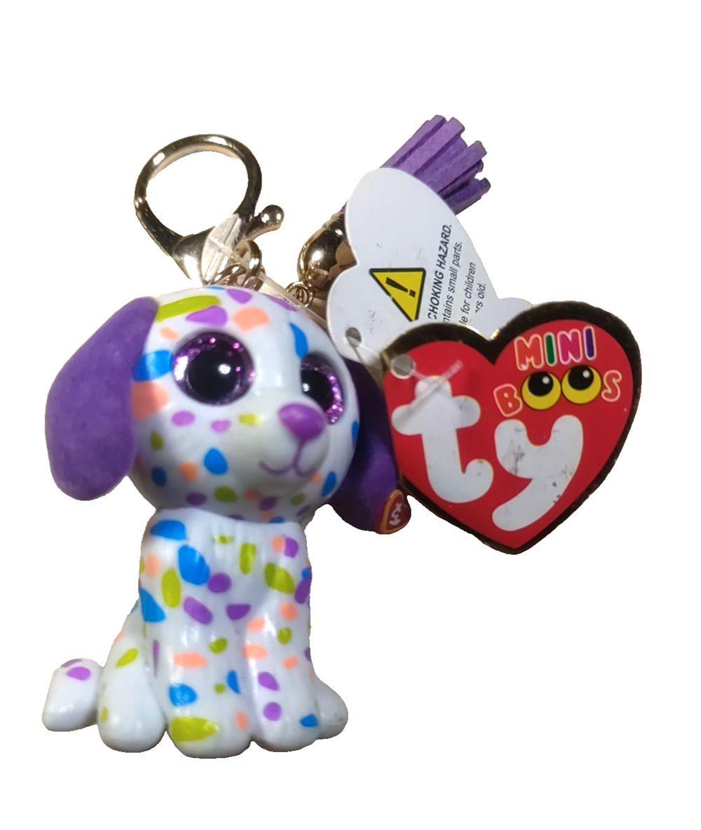 Mini Boos TY Puppy Dog Keychain Hard Plastic Gold Tone White Purple